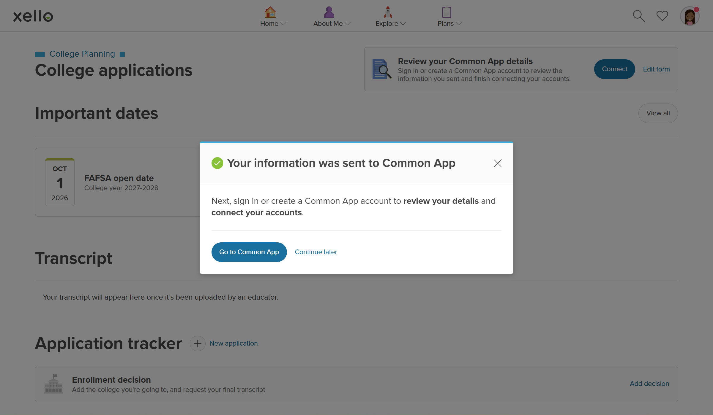 A pop-up saying the student's information was sent to Common App. They have the option to go to Common App to finish the connection or continue later.